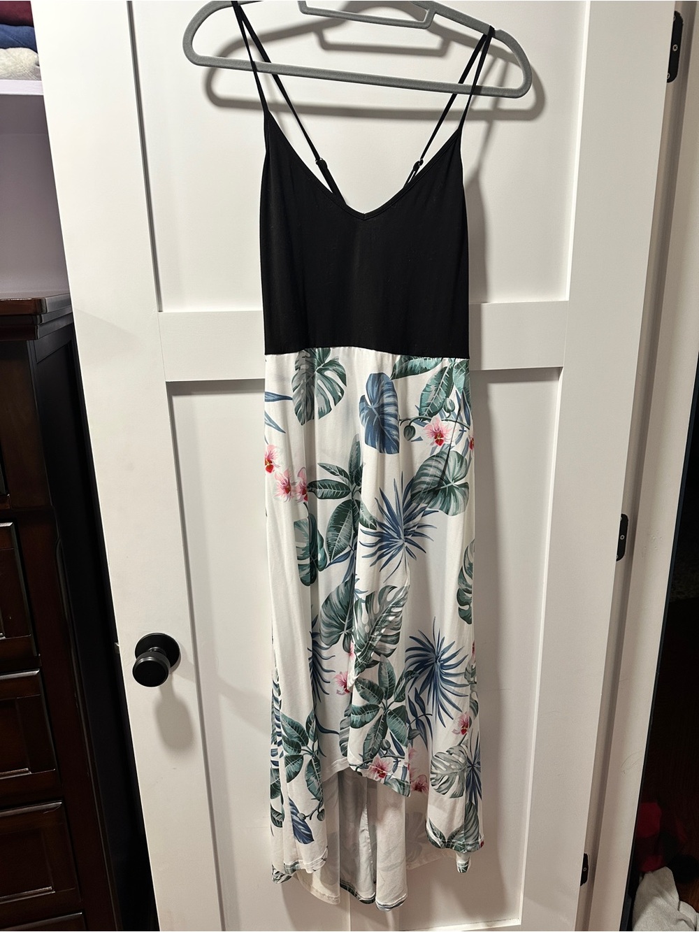 Black Tank Top with Tropical Leaf Print High-Low Midi Dress